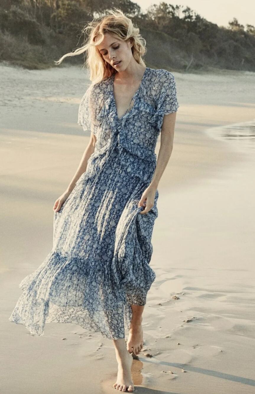 Doen | Antoinette Floral Silk Chiffon Maxi Dress in Porcelain Blue Tea Floral XS